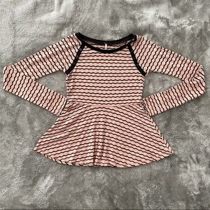 Free People Long Sleeve Striped Peplum Blouse Pink Black Wavy Stripes Small